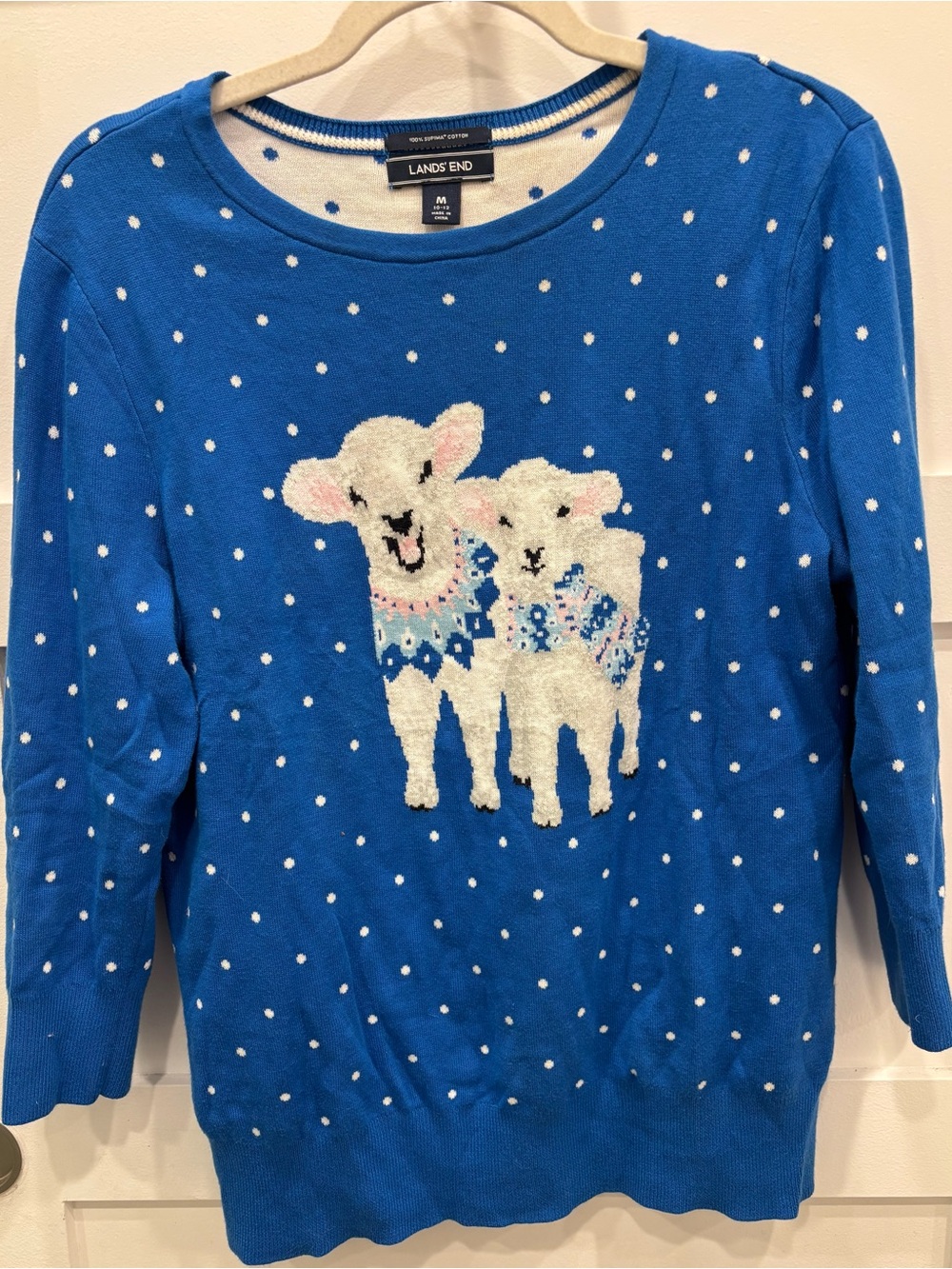 Lands' End 100% Supima Cotton Royal Blue Polka Dot Lamb Sweater
